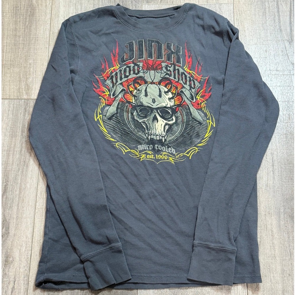 Y2K VTG Jinx Mod Shop Mens L Gray Thermal Long Sleeve Biker Skull Graphic